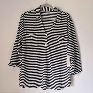 Chico's NEW Linen Navy White Striped Henley Utility Tee Classic Coastal Nautical